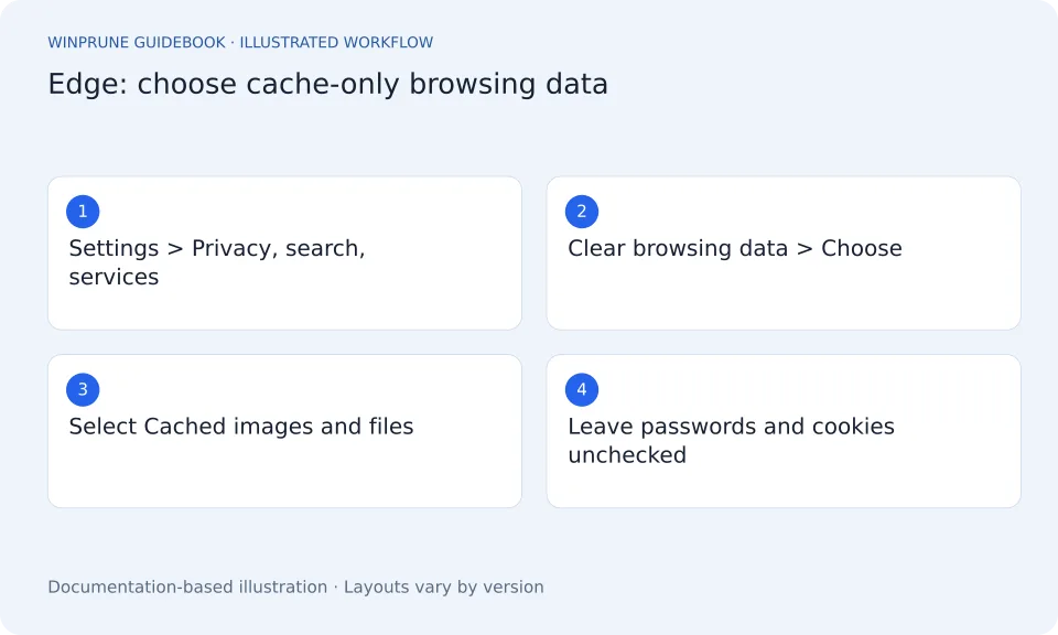 Clear Microsoft Edge Cache Without Losing Passwords — illustrated workflow