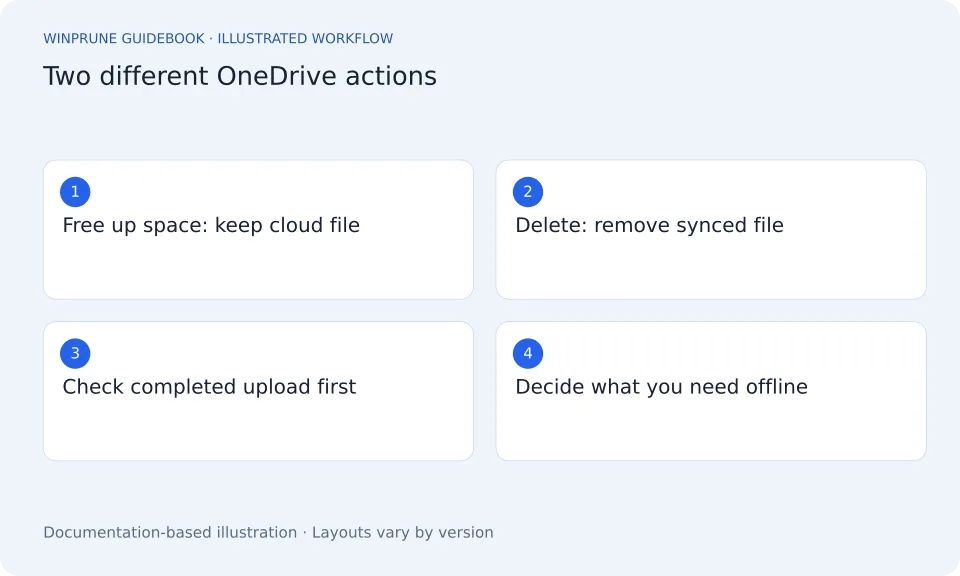 OneDrive Free Up Space vs Delete — illustrated workflow