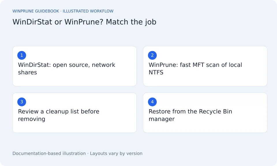 WinDirStat Alternative: WinPrune vs WinDirStat for Windows 11 and 10: illustrated workflow
