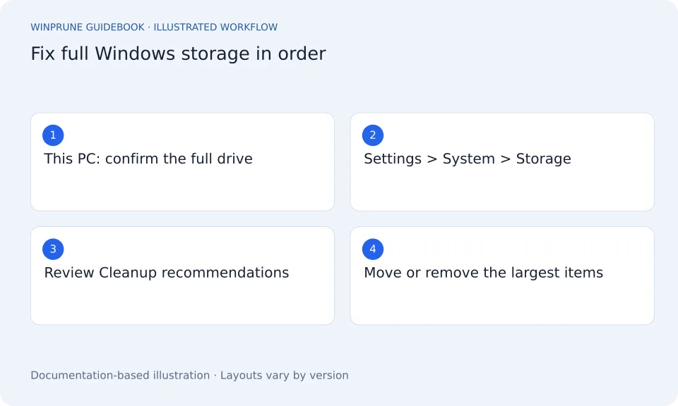 Windows Storage Full? How to Fix Low Disk Space on Windows 11 and 10 — illustrated workflow