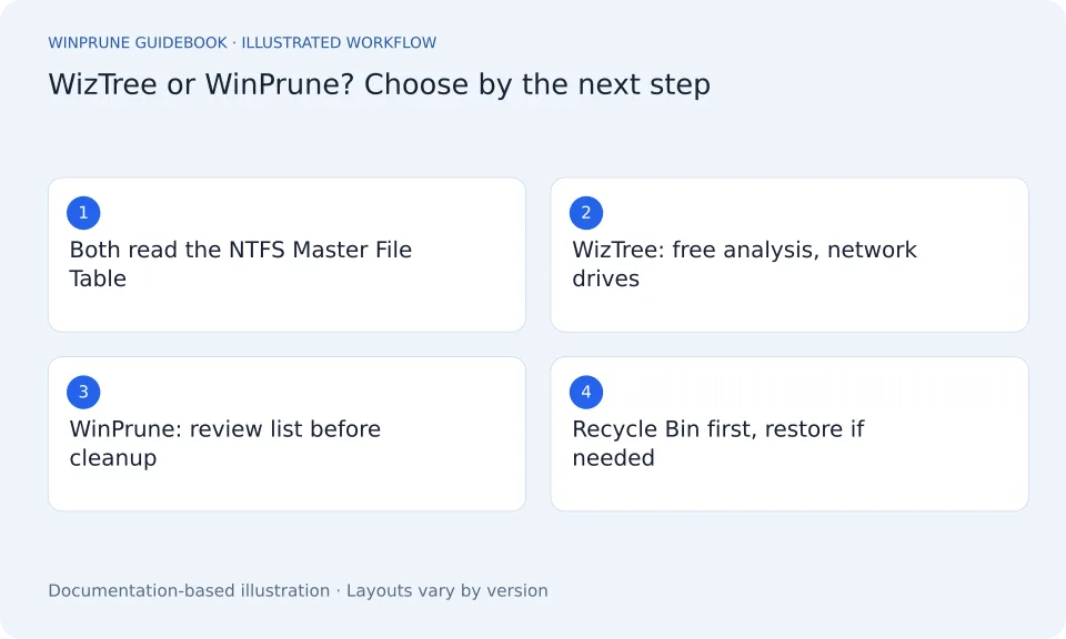 WizTree Alternative: WinPrune vs WizTree for Windows 11 and 10: illustrated workflow