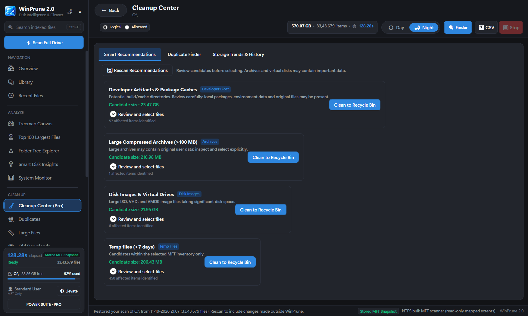 WinPrune 2.0 Cleanup center with smart recommendations for developer caches, large archives, disk images and temp files, each reviewed before moving to the Recycle Bin
