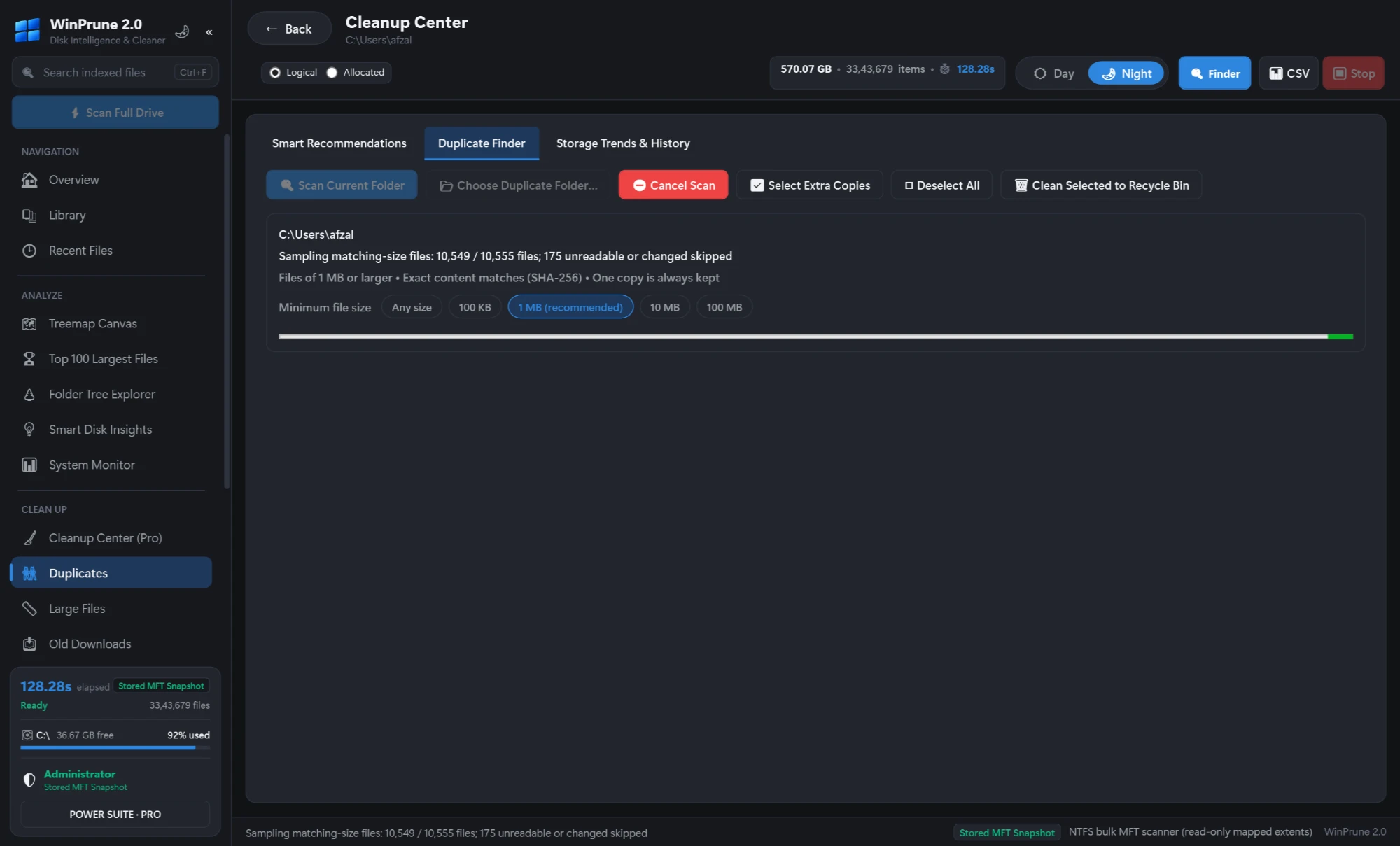 WinPrune 2.0 Duplicate finder matching exact duplicate files by SHA-256 content hash