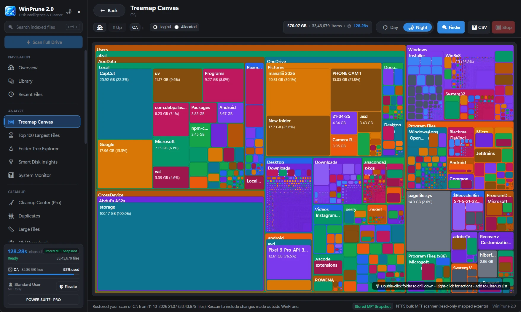 WinPrune 2.0 Treemap Canvas showing a scanned C: drive as colored blocks sized by folder